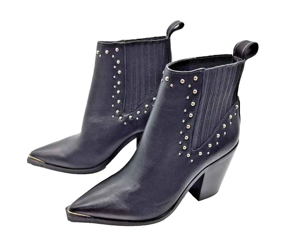 Kenneth Cole NY West Side Black Leather Stud Ankle Boots Western Pointed Toe 6M